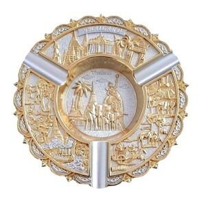 Elephants Temples Ashtray unused Thailand ornate gold silver 3D design